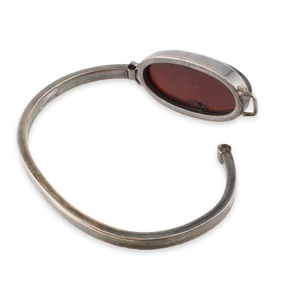 Vintage Cherry Amber Sterling Silver Hinged Bracelet Modernist Style - Picture 4 of 8